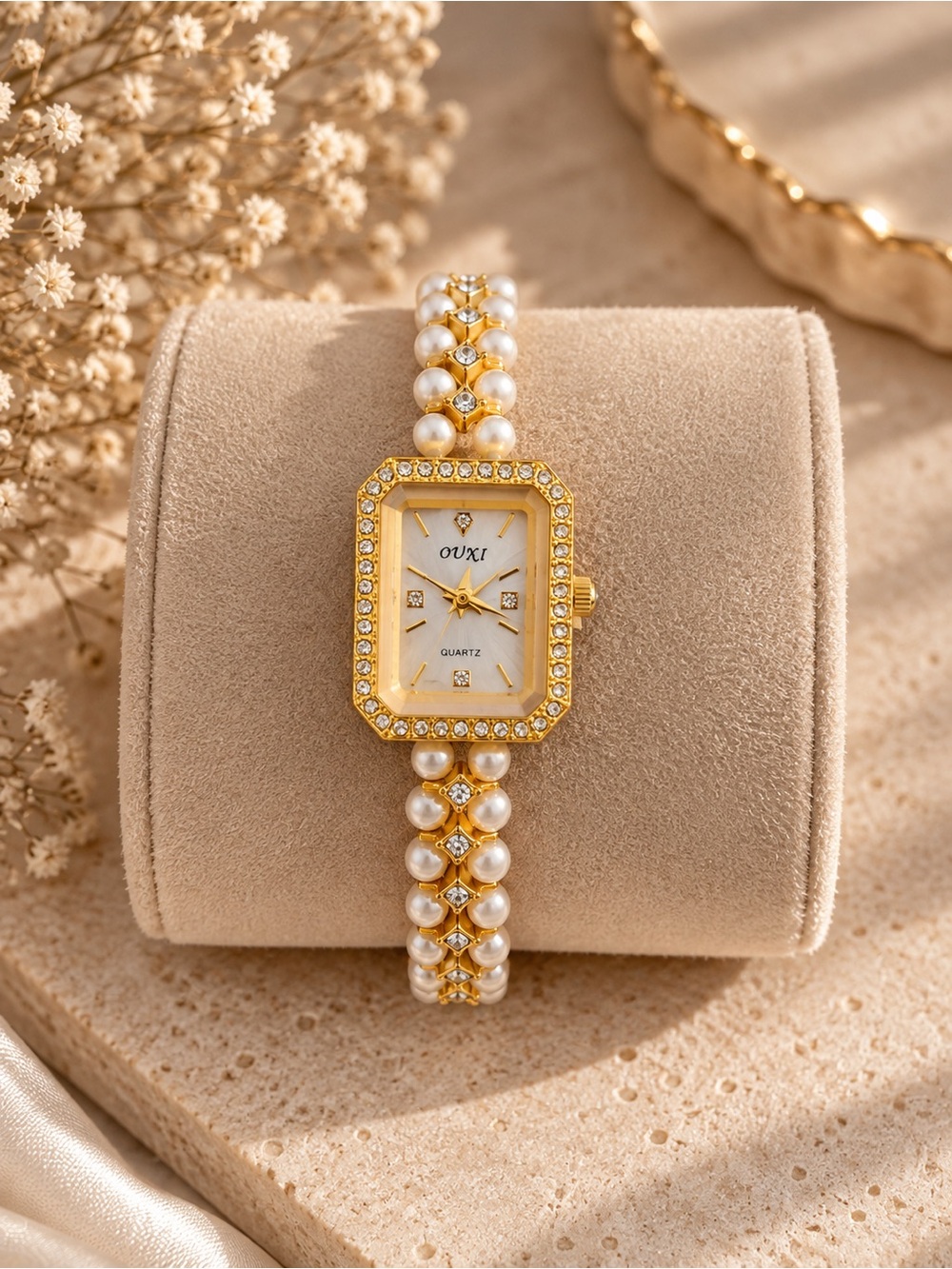 REVOLVE Gold Pearl-Accented Crystal Bracelet Watch